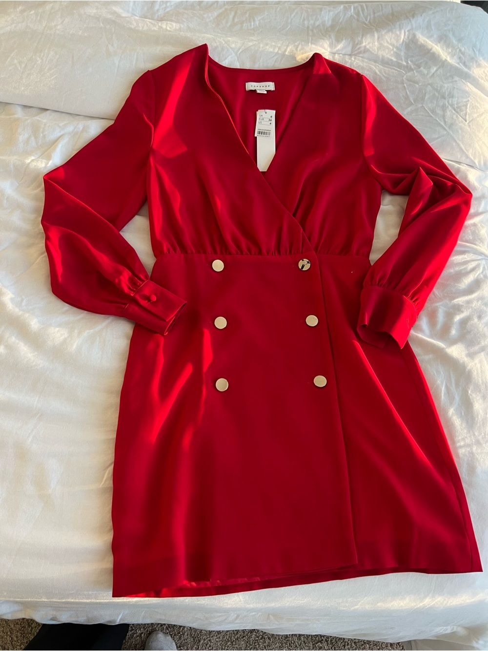 Topshop Red Long-Sleeve Wrap Dress with Gold Buttons